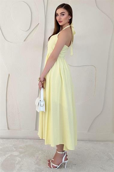 Sarı Boyundan Bağlamalı Keten Elbise