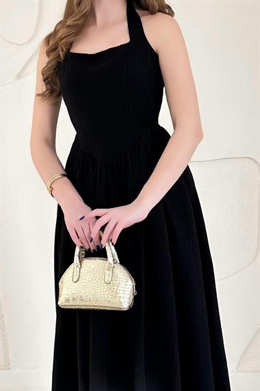 Siyah Boyundan Bağlamalı Keten Elbise