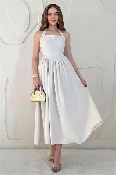 Bej Boyundan Bağlamalı Keten Elbise