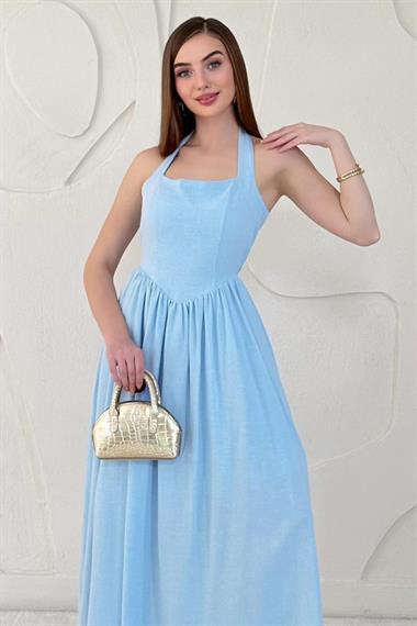 Bebe Mavi Boyundan Bağlamalı Keten Elbise