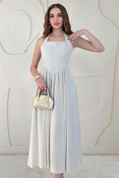 Bej Boyundan Bağlamalı Keten Elbise