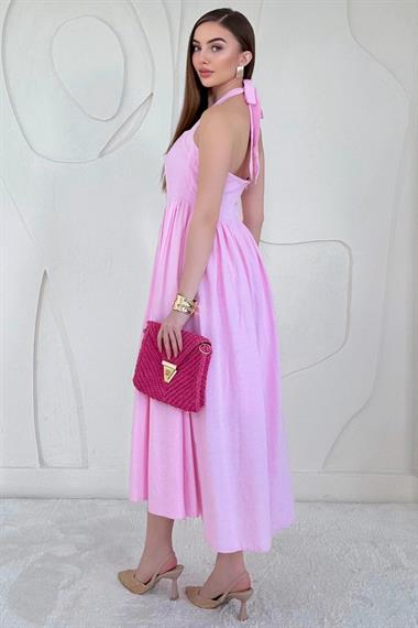 Pembe Boyundan Bağlamalı Keten Elbise