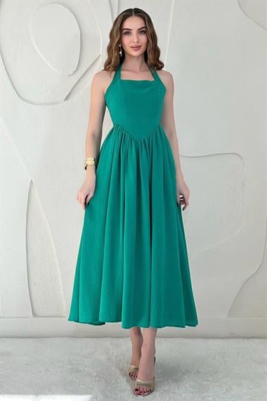 Yeşil Boyundan Bağlamalı Keten Elbise