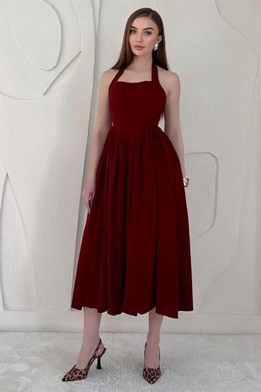 Bordo Boyundan Bağlamalı Keten Elbise