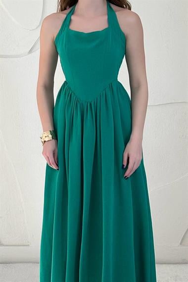 Yeşil Boyundan Bağlamalı Keten Elbise