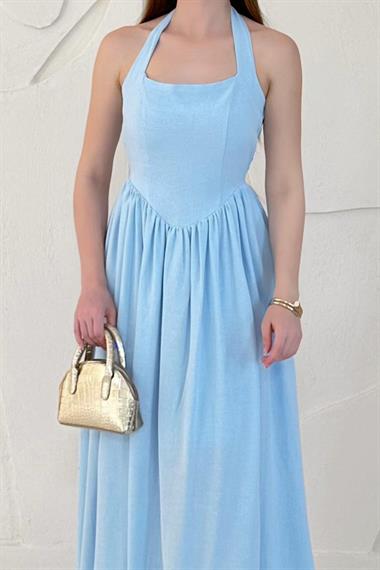 Bebe Mavi Boyundan Bağlamalı Keten Elbise