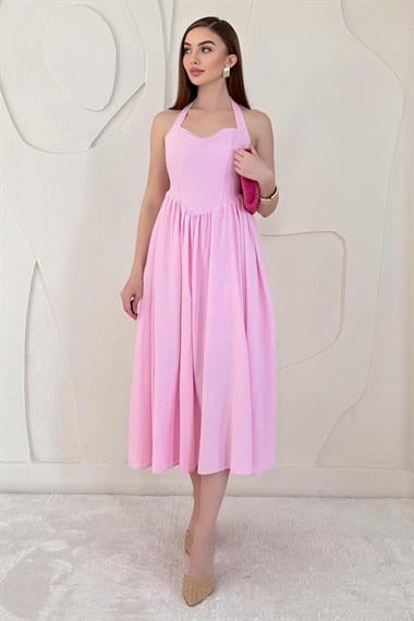 Pembe Boyundan Bağlamalı Keten Elbise