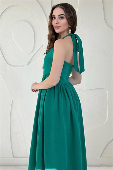 Yeşil Boyundan Bağlamalı Keten Elbise