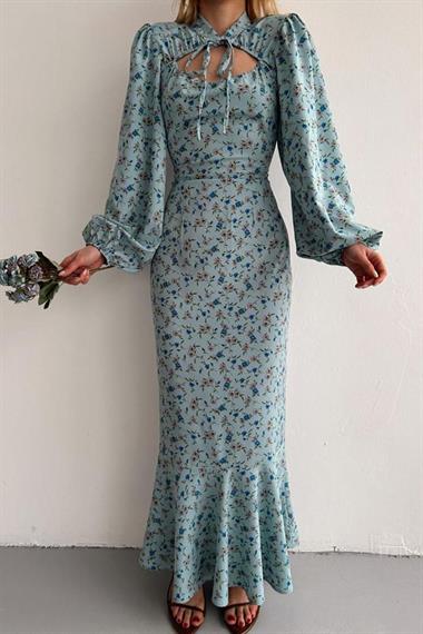 Mavi Boyundan Bağlamalı Elbise