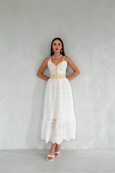 Beyaz Brode Askılı ve Püsküllü Elbise