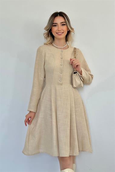 Bej Kısa Klasik Elbise