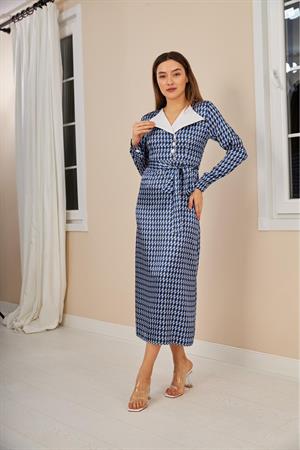 Büyük Yakalı Kuşaklı Saten Elbise