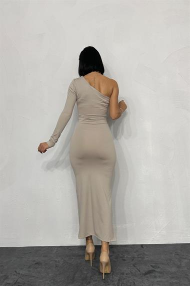 Bej Büzgü Detaylı Tek Kol Elbise