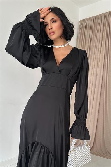 Siyah Büzgülü Asimetrik Elbise