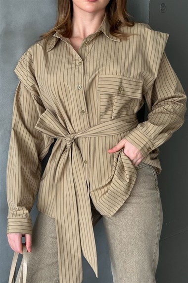 Camel Çizgili Fular Detaylı Gömlek