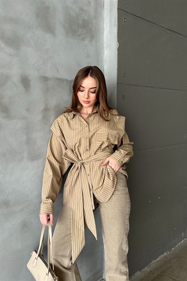 Camel Çizgili Fular Detaylı Gömlek