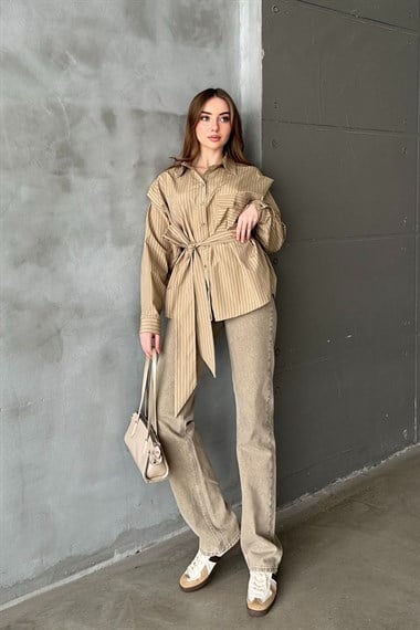 Camel Çizgili Fular Detaylı Gömlek