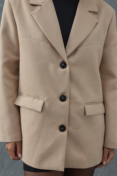 Bej Cep Detaylı Blazer Süet Ceket