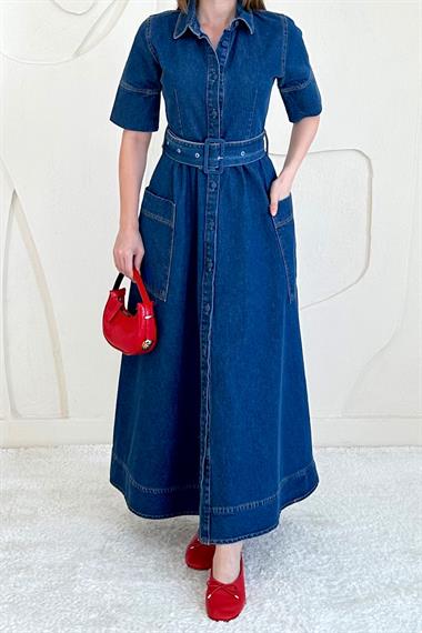 Mavi Cep Detaylı Boydan Düğmeli Kot Elbise