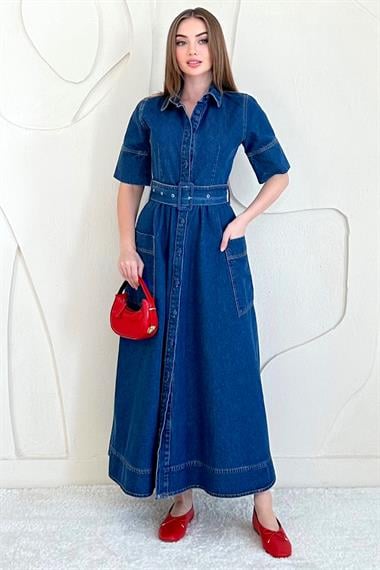 Mavi Cep Detaylı Boydan Düğmeli Kot Elbise