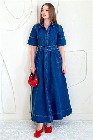 Mavi Cep Detaylı Boydan Düğmeli Kot Elbise