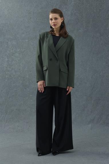 Haki Cep Detaylı Düğmeli Blazer Ceket
