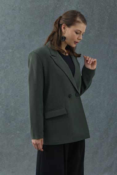 Haki Cep Detaylı Düğmeli Blazer Ceket