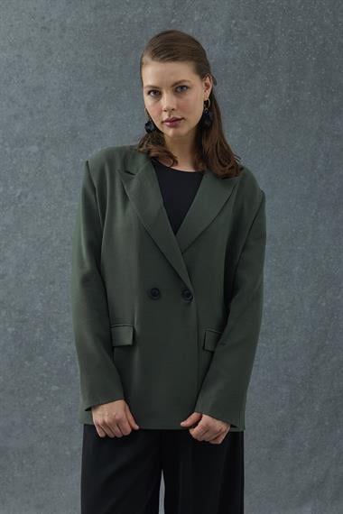 Haki Cep Detaylı Düğmeli Blazer Ceket