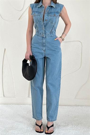 Cep Detaylı Düğmeli Kot Tulum