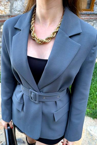 Füme Cep Kapaklı Kemer Detaylı Ceket