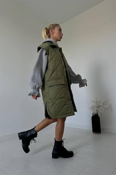 Haki Cepli Kapitone Uzun Yelek