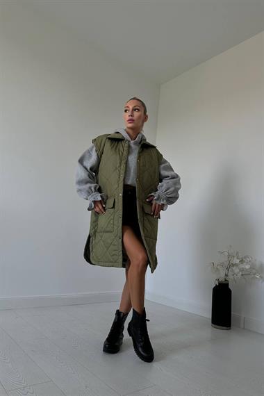 Haki Cepli Kapitone Uzun Yelek