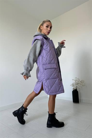 Mor Cepli Kapitone Uzun Yelek