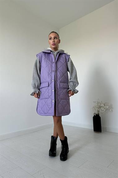 Mor Cepli Kapitone Uzun Yelek