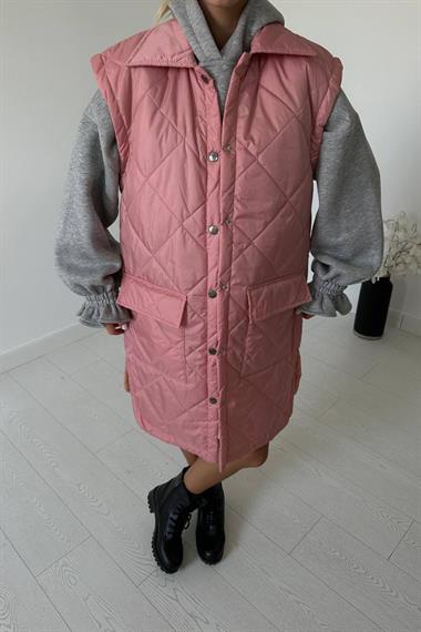 Pembe Cepli Kapitone Uzun Yelek
