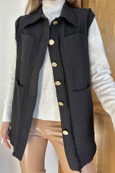 Siyah Cepli ve Düğmeli Yelek