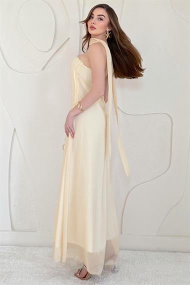 Sarı Çiçek Baskılı Straplez Şifon Elbise