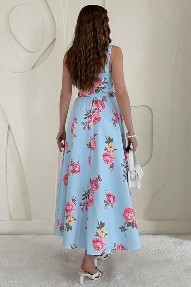 Bebe Mavi Çiçek Detaylı Kemerli Vintage Elbise