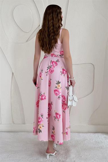 Pembe Çiçek Detaylı Kemerli Vintage Elbise