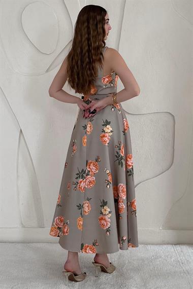 Haki Çiçek Detaylı Kemerli Vintage Elbise