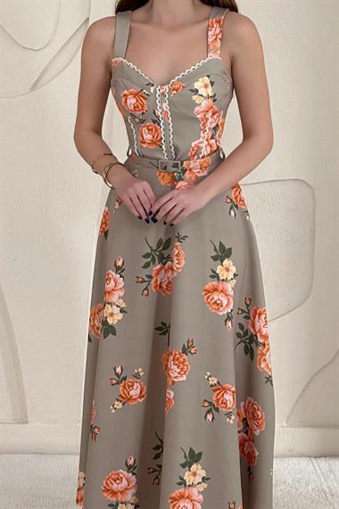 Haki Çiçek Detaylı Kemerli Vintage Elbise