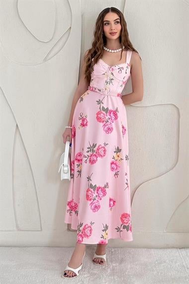 Pembe Çiçek Detaylı Kemerli Vintage Elbise