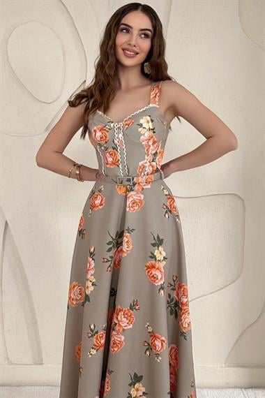 Haki Çiçek Detaylı Kemerli Vintage Elbise