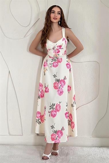 Ekru Çiçek Detaylı Kemerli Vintage Elbise