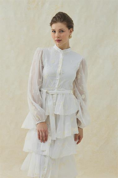 Ekru Çiçek Nakış Detaylı Kat Kat Şifon Elbise