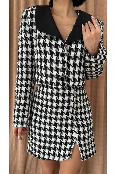 Siyah Çift Düğmeli Ceket ve Mini Etek Takım