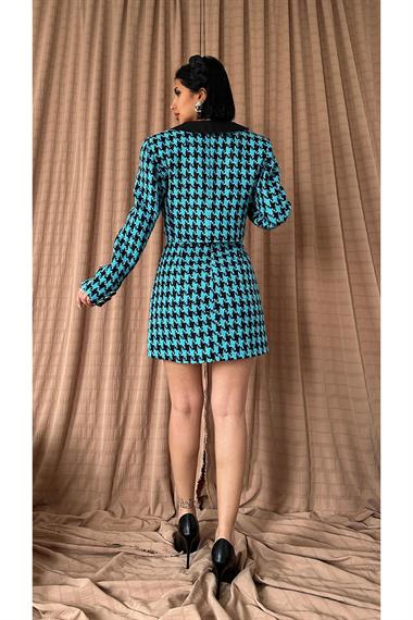 Mavi Çift Düğmeli Ceket ve Mini Etek Takım