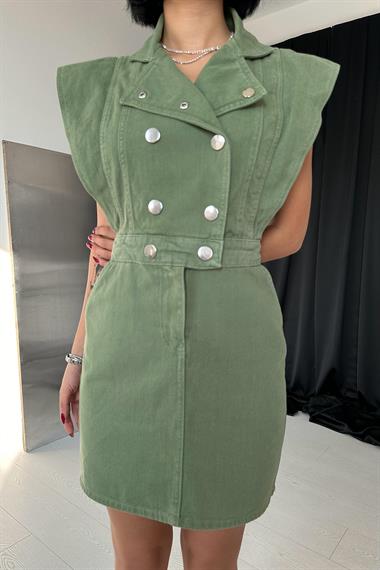 Yeşil Çıtçıtlı Kısa Elbise