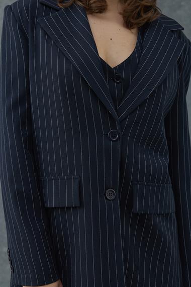 Lacivert Çizgi Detaylı Yelekli Üçlü Takım