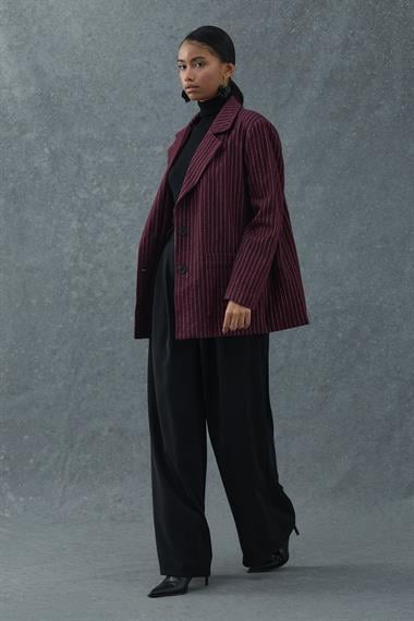 Bordo Çizgili Oversize Ceket